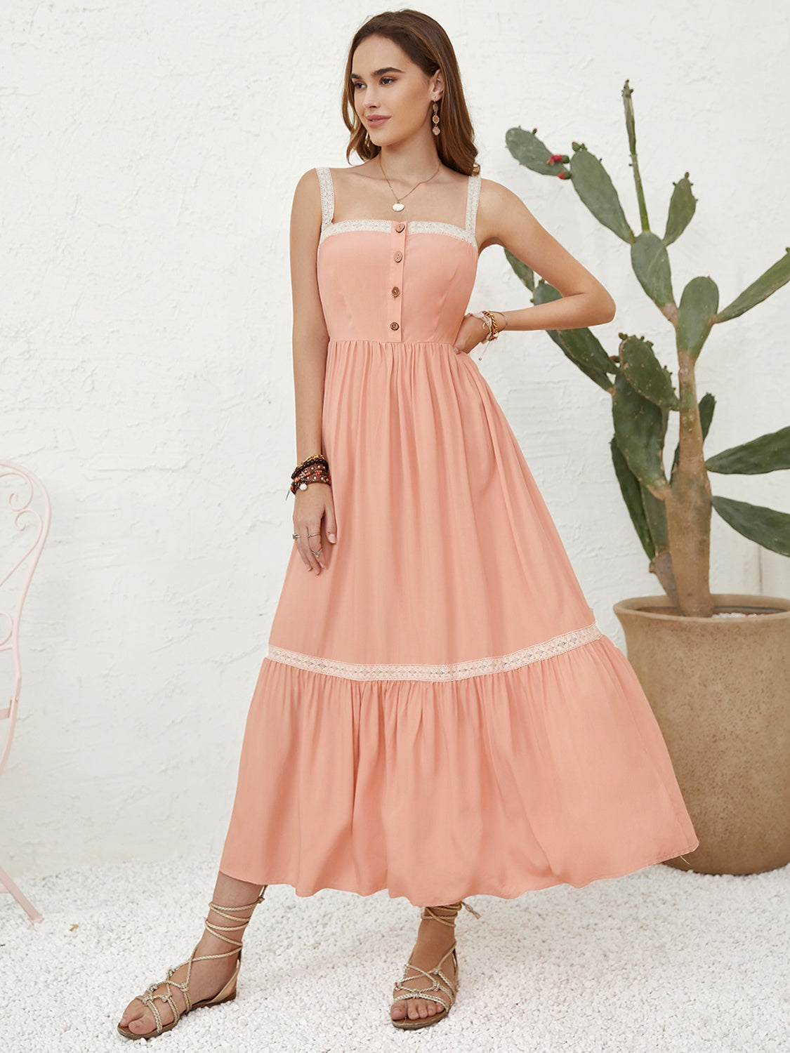 Buttoned Lace Detail Viscose Dress with Slight Stretch Apparel & Accessories > Clothing > Dresses H.R.Z Ship From Overseas sync-pinterest