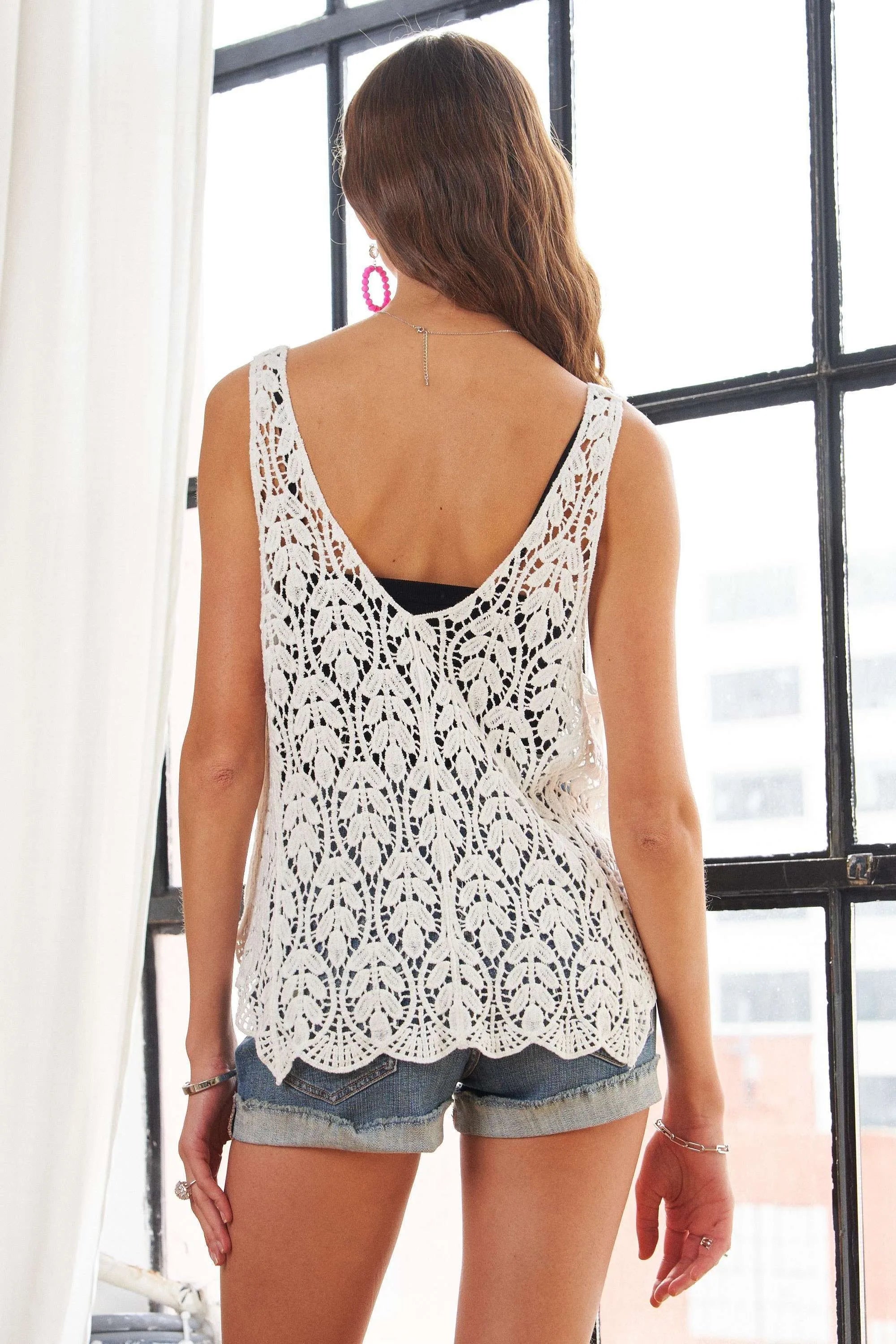 Beige Cotton Crochet Tank - Bohemian Feminine Style 7-6 ADORA Ship from USA