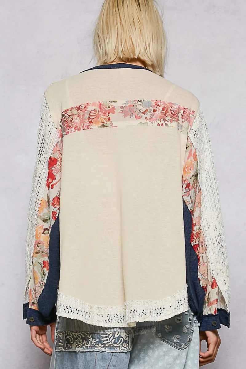 Patchwork Crochet Blouse – Bohemian Navy Trim 7-11 POL Ship from USA