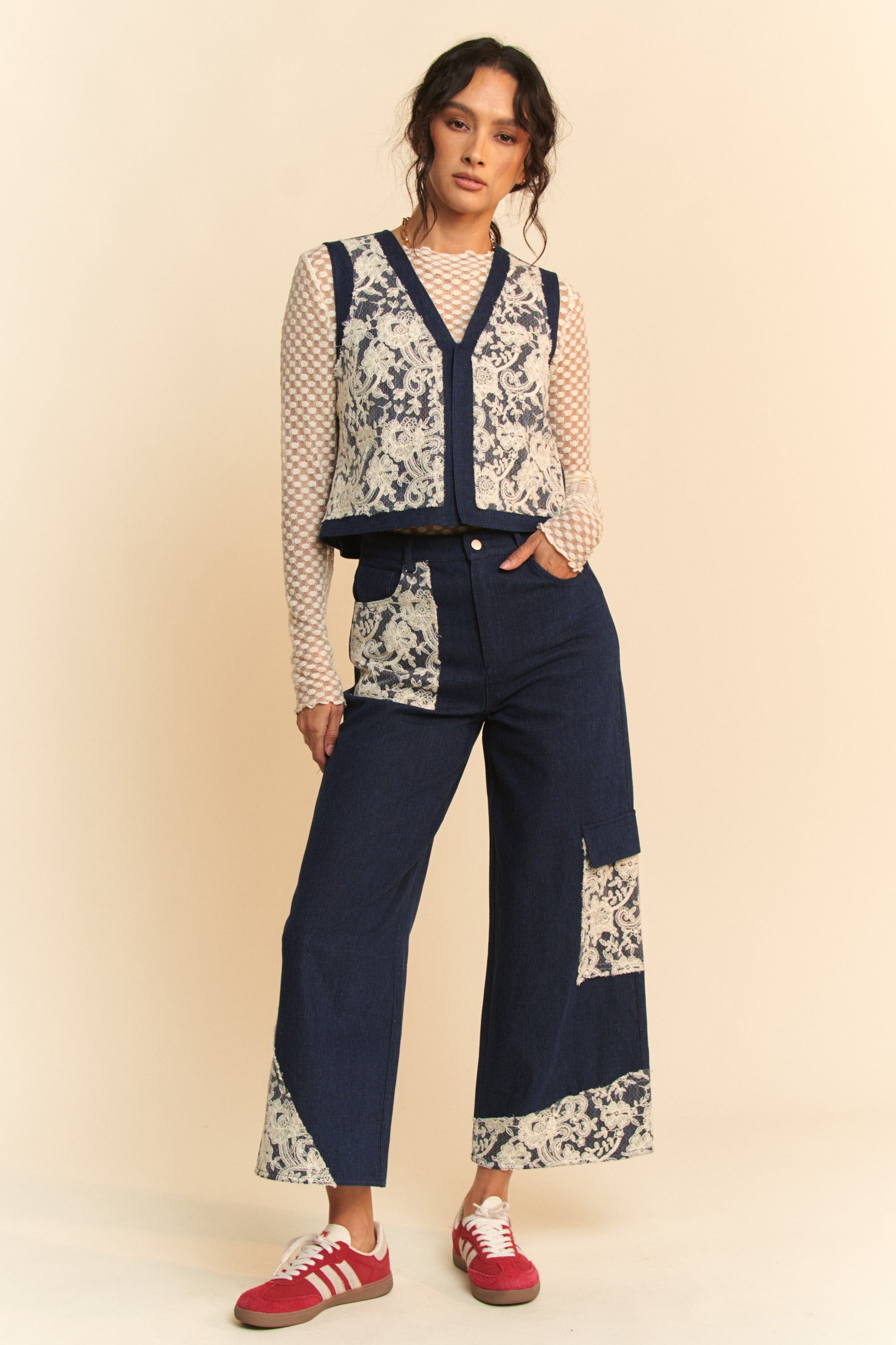 Denim Vest - Open Front - Lace Accents - 100% Cotton Apparel & Accessories > Clothing > Outerwear autopostr_pinterest_72819 Davi & Dani Only Available for U.S. Residents Ship from USA sync-pinterest