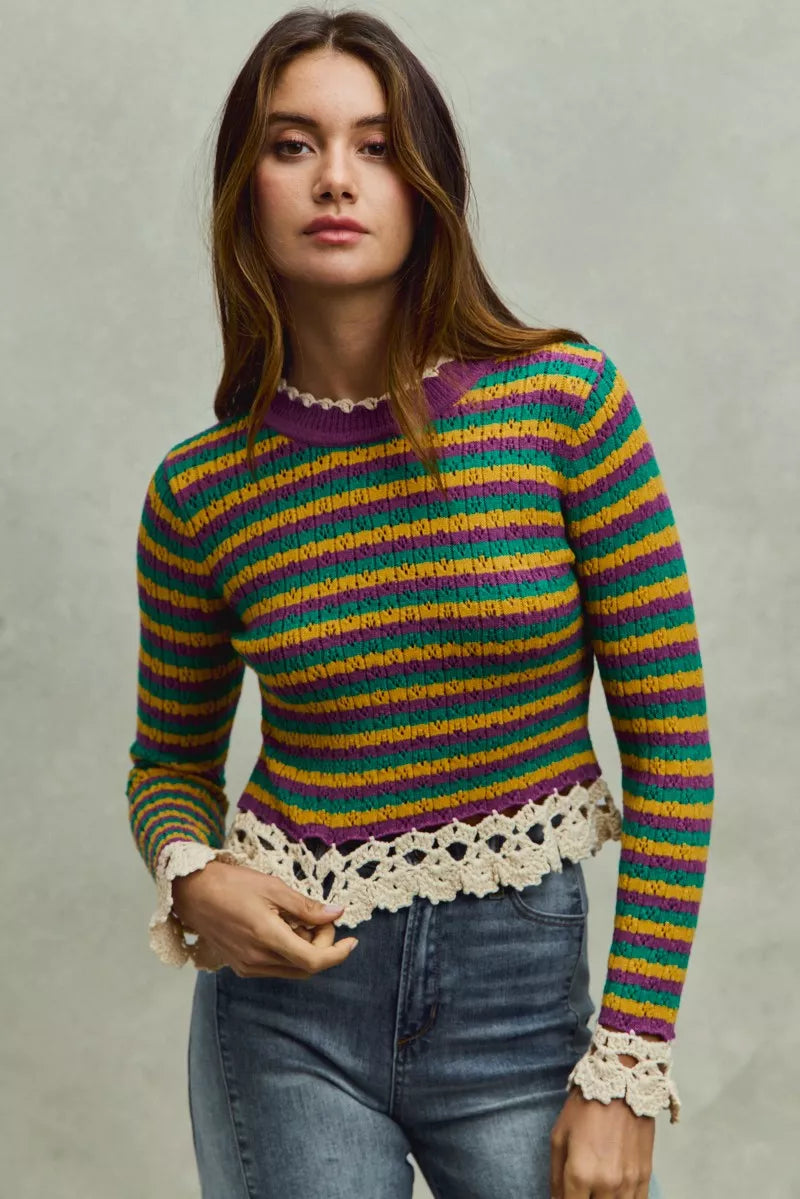 PURP GOLD GRN OAT Knitted Striped Crop Top with Crochet Edge 11/29 Ship from USA SO ME