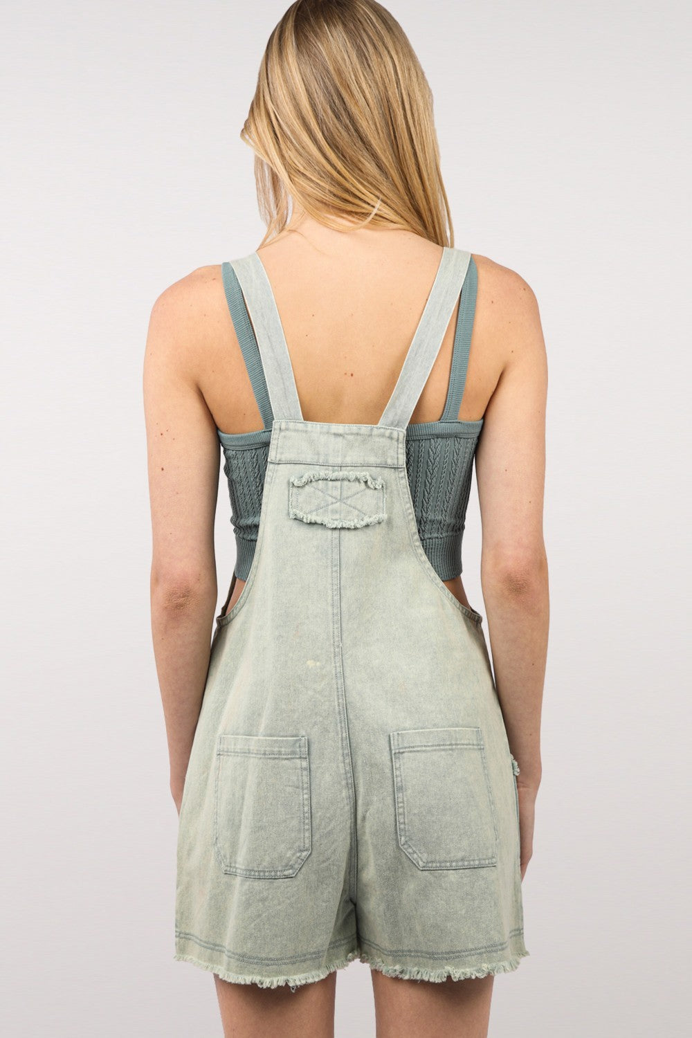 Eco-Friendly Washed Cotton Denim Romper with Raw Hem and Pockets Apparel & Accessories > Clothing > Jumpsuits & Rompers Only Available for U.S. Residents Ship from USA sync-pinterest VERY J