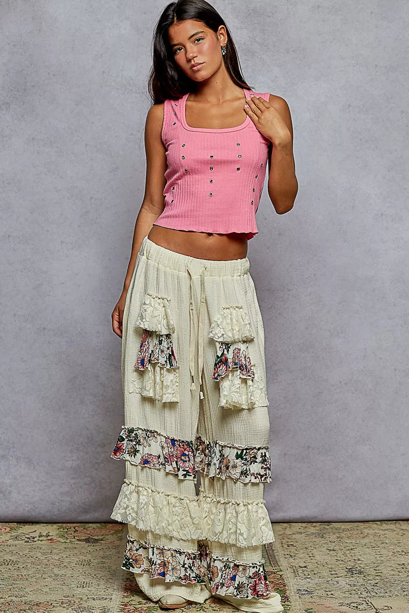 Women’s Double Gauze Printed Lace Ruffle Drawstring Wide Leg Pants 10-31 POL Ship from USA