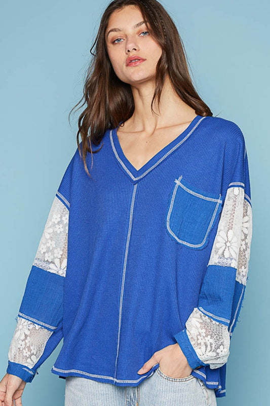 Ultramarine Ultramarine Lace Top - Long Sleeve - Balloon Sleeve - V Neck Clothing & Accessories > Clothing > Tops balloon exposed lace neck pinterestnew pol seam sleeve top