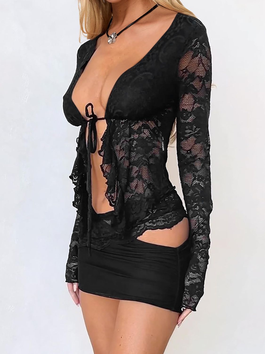 Lace Ruffle Top - Sheer Long Sleeve - Stretch Fit Apparel & Accessories > Clothing > Tops Devine Front Lace Lace Shirt Long Long Sleeve Long Sleeve Lace Ruffle Ruffled Ship From Overseas Shirt Sleeve Sleeve Lace Sleeve Lace Shirt sync-pinterest Tie Tied V