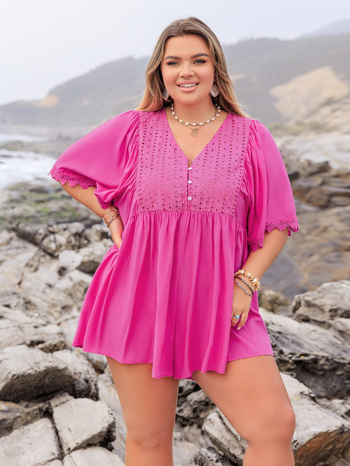 Hot Pink Plus Size Ruched Lace Eyelet Top with Button Detail - Viscose Blend Apparel & Accessories > Clothing > Jumpsuits & Rompers Detail Detail V Half Half Sleeve Lace Lace Detail Neck Neck Half Neck Half Sleeve Plus Plus Size Plus Size Lace Romper Rusttydustty Ship From Overseas Size Size Lace Size Lace Detail Sleeve sync-pinterest V