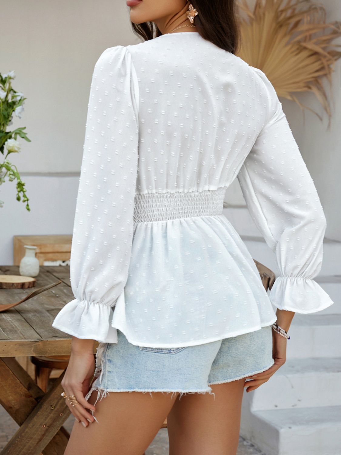 Buttoned Swiss Dot Lace Detail Cutout Blouse - 100% Polyester Apparel & Accessories > Clothing > Tops Blouse Detail Devine Dot Dot Lace Dot Lace Detail Flounce Flounce Sleeve Flounce Sleeve Blouse Lace Lace Detail Ship From Overseas Sleeve Sleeve Blouse Surplice Swiss Swiss Dot Swiss Dot Lace sync-pinterest V