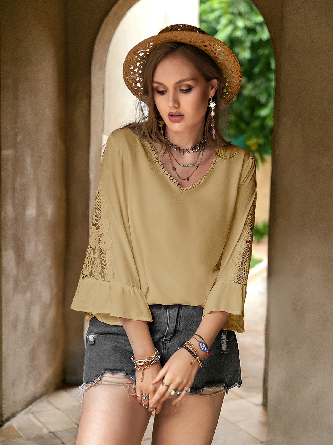 Camel Plus Size Viscose Top with Lace Detail and No Stretch Apparel & Accessories > Clothing > Tops H.R.Z Ship From Overseas sync-pinterest