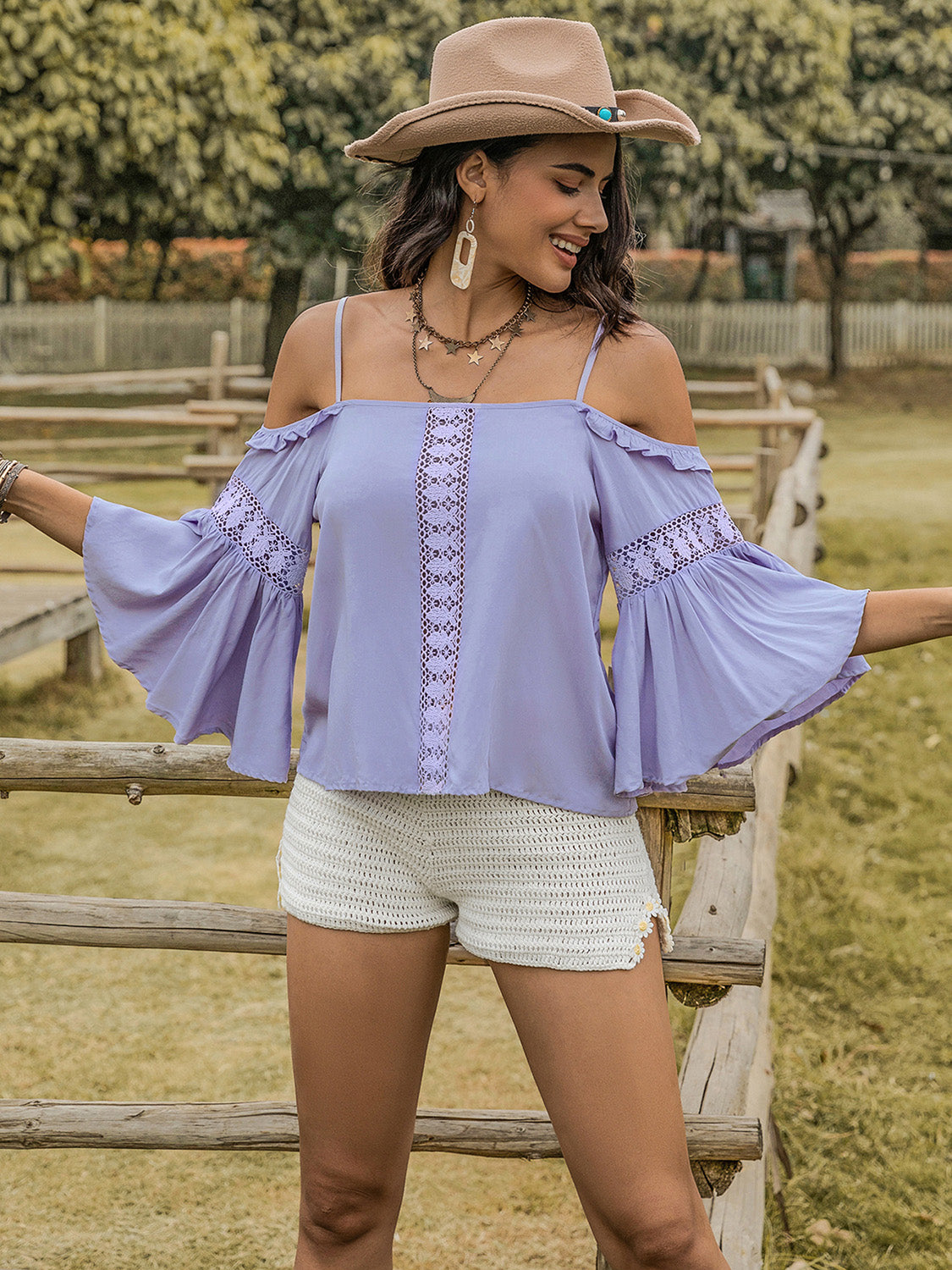 Blue Purple Ruffled Blouse - Flare Sleeves - Square Neck - Lace Detail - Viscose Apparel & Accessories > Clothing > Tops Blouse Flare Flare Sleeve H.R.Z Neck Neck Flare Neck Flare Sleeve Ship From Overseas Sleeve Sleeve Blouse Square Square Neck sync-pinterest V