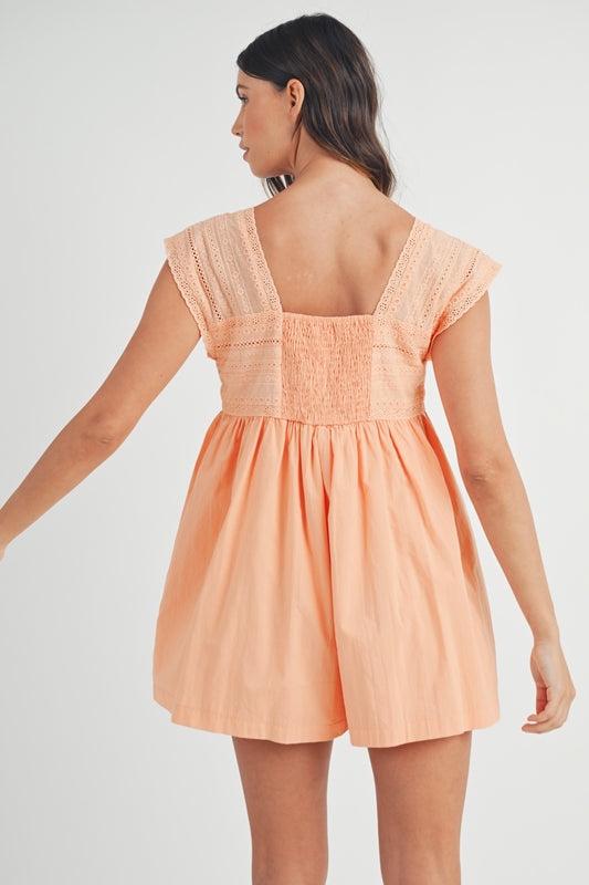 Peach Lace Trim Romper - Square Neck Clothing & Accessories > Clothing > Jumpsuits & Rompers lace mable neck pinterestnew romper square trim