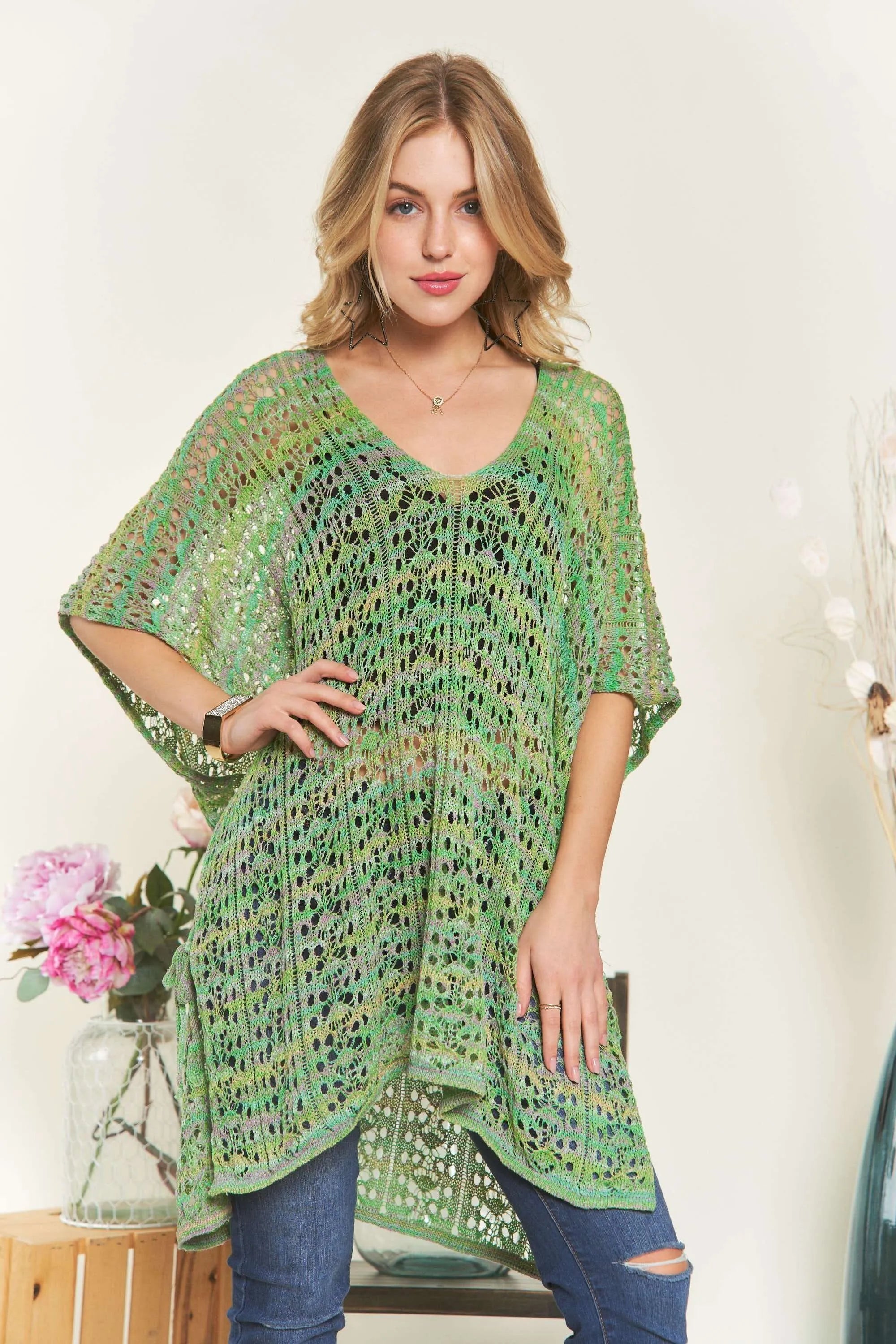 Green Crochet Cover-Up - Bohemian Beach Style 7-6 ADORA Ship from USA