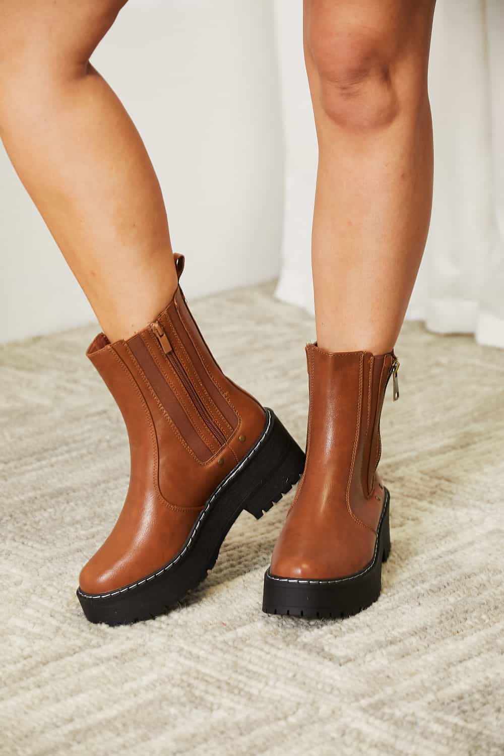 Boots - Side Zip - Platform - Low Heels - PU Material - Imported 5-5-shoes-usa Forever Link Ship from USA