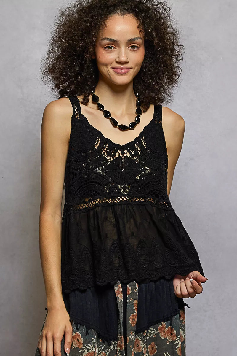 Women’s V-Neck Crochet Tank Top with Floral Embroidery 9-7 POL Ship from USA