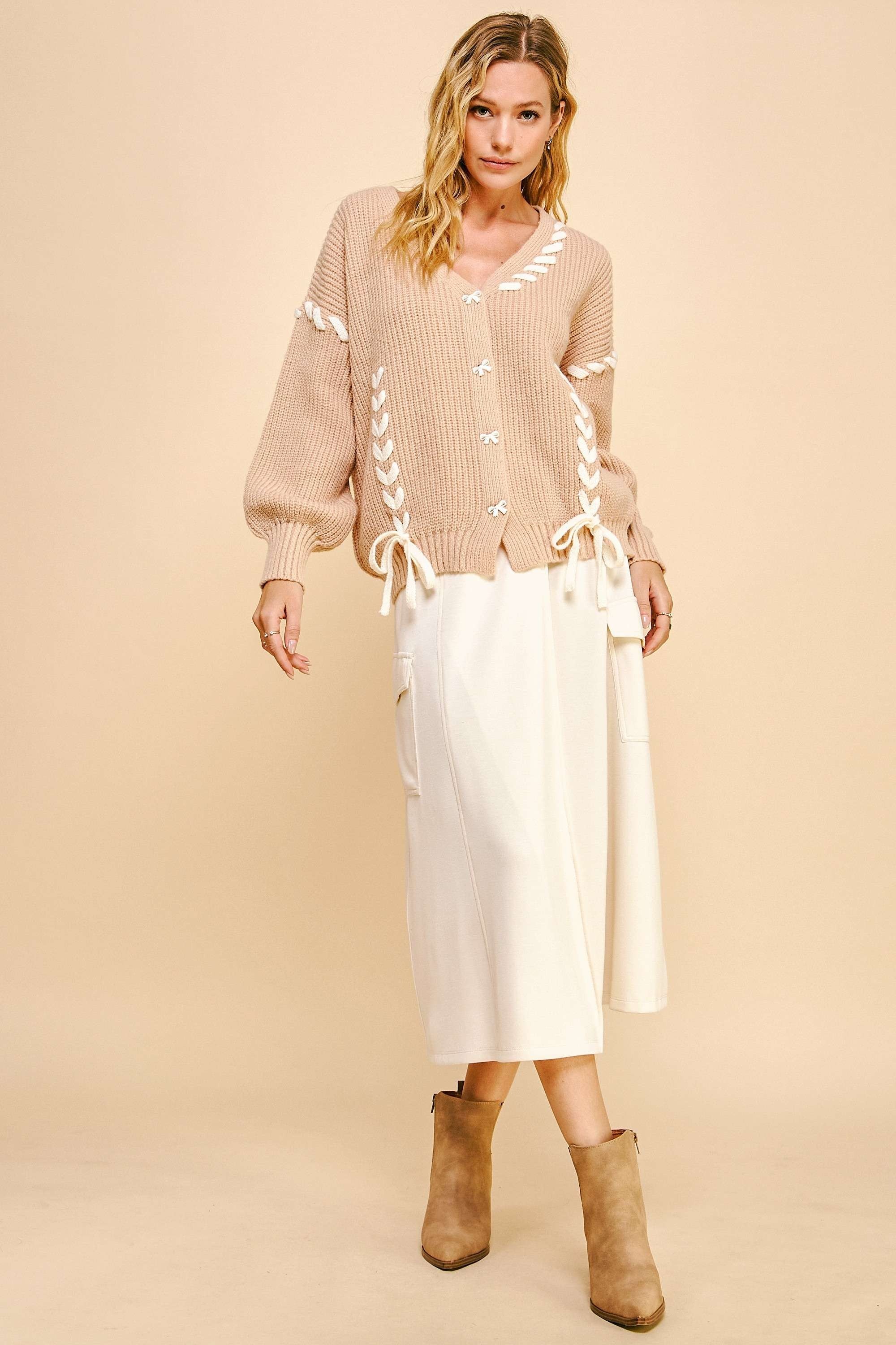 Beige Lace-Up Ribbon Bow Button Down Cardigan - Cute Knit Sweater, Long Sleeve, Casual Davi & Dani Ship from USA