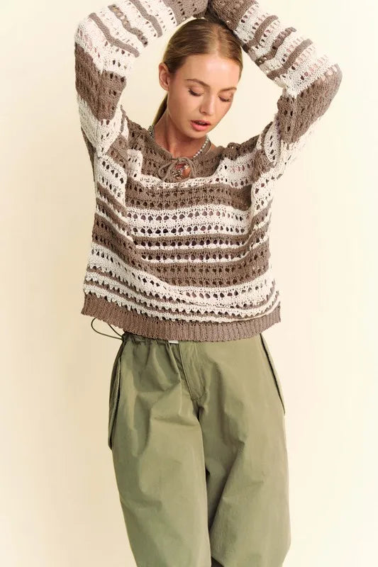 Taupe Striped Crochet Cover Up - Casual, Stylish, Versatile 7-6 Davi & Dani Ship from USA