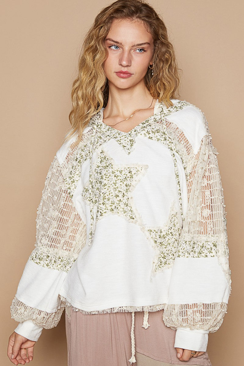 Ivory Multi Lace Hoodie - Long Sleeve - Star Patch Clothing & Accessories > Clothing > Tops > Sweatshirts & Hoodies autopostr_pinterest_71901 contrast hooded lace long patch PinterestNew pol sleeve star top