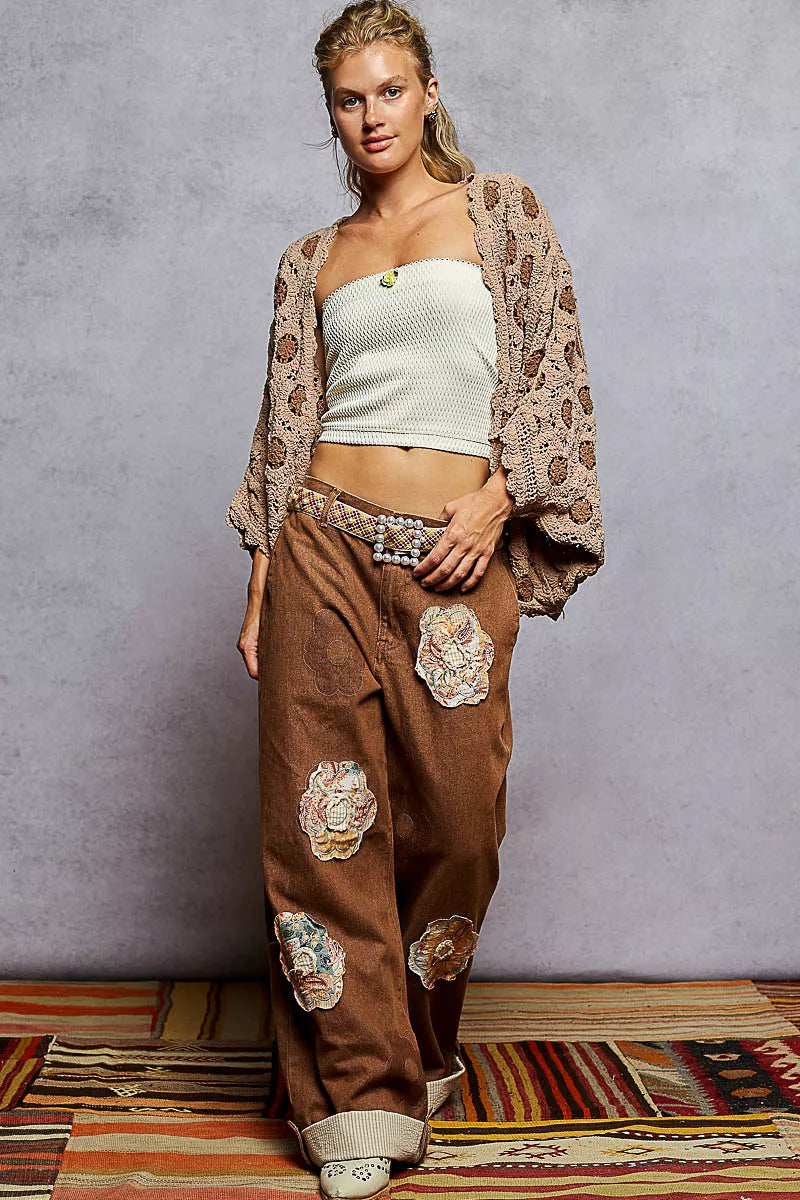 Women’s Chenille Openwork V-Neck Cardigan Sweater with Contrast Floral Design 9-7 POL Ship from USA