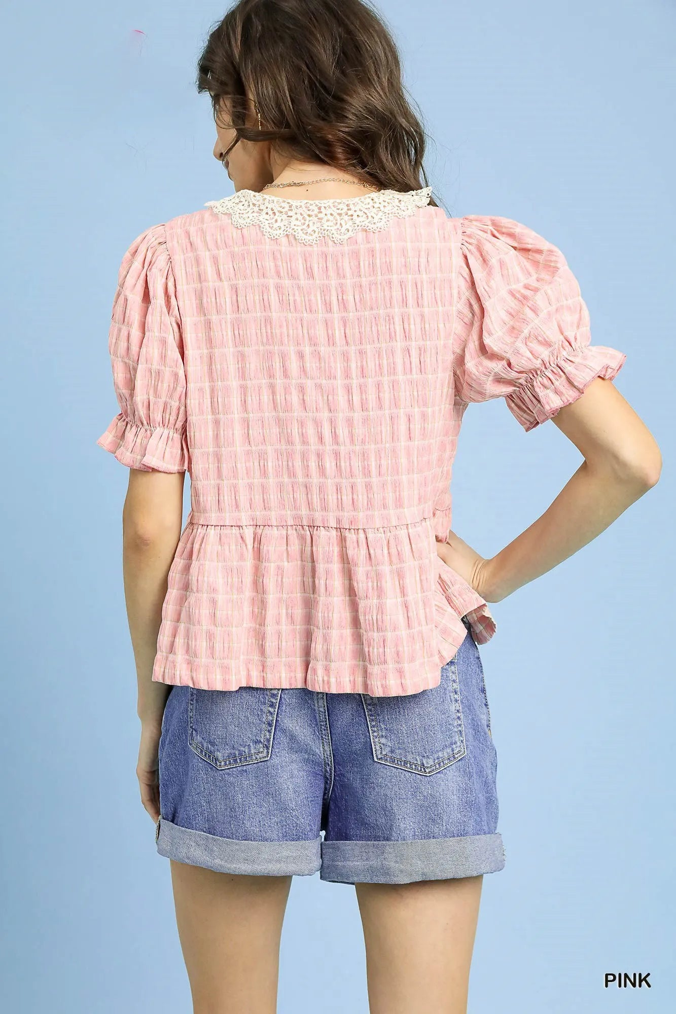 Pink Polyester Peplum - Boho Ruffled Smocked 7-11 Ship from USA Umgee USA
