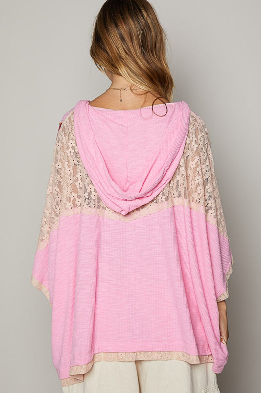 Pink Blush Lace Hooded Top - Peace Patch - V Neck - Floral Clothing & Accessories > Clothing > Tops floral hooded lace neck patch peace pinterestnew pol print top