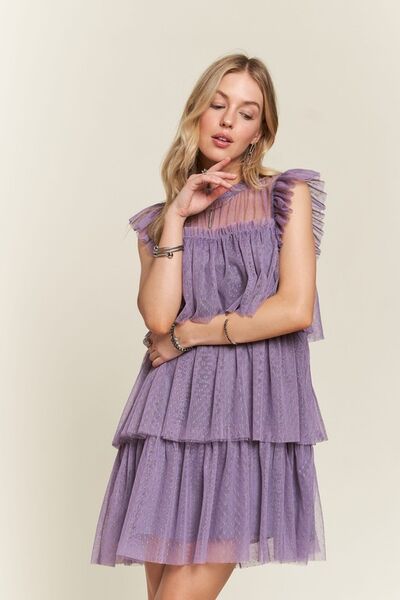 L Layered Ruffled Cap Sleeve Mesh Dress ADORA new Ship from USA