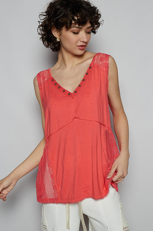 Strawberry Strawberry Lace Detail Top - Studded - Crisscross Back - V-Neck Sleeveless Top POL Ship from USA