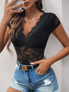 Lace Bodysuit - Cap Sleeves - Semi-Sheer - Stretch Fabric Apparel & Accessories > Clothing > Tops Bodysuit Cap Cap Sleeve Lace Neck Neck Cap Neck Cap Sleeve Perfee Ship From Overseas Sleeve Sleeve Bodysuit sync-pinterest T V