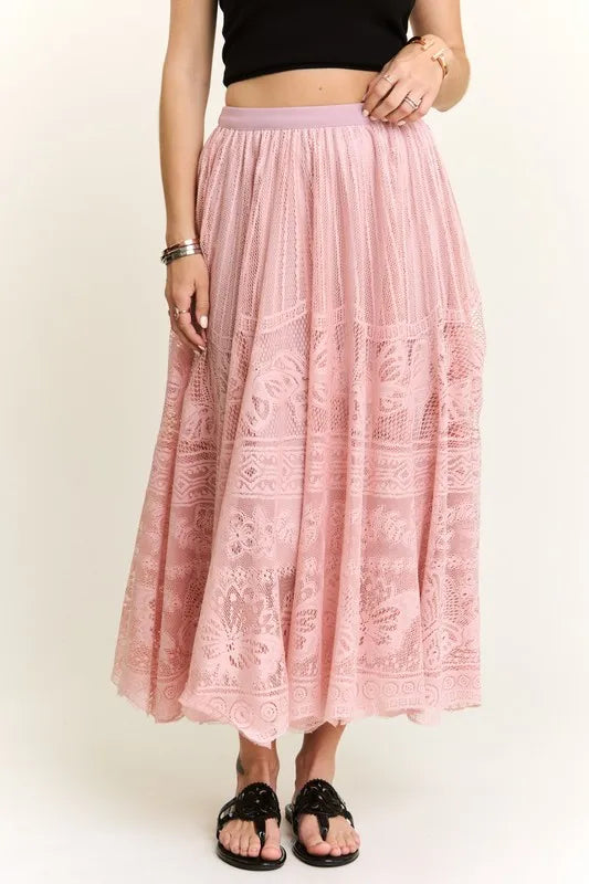 Maxi Skirt - Lace Bohemian Raw Hem - Elastic Waist Casual Wear 4-23-usa ADORA Ship from USA