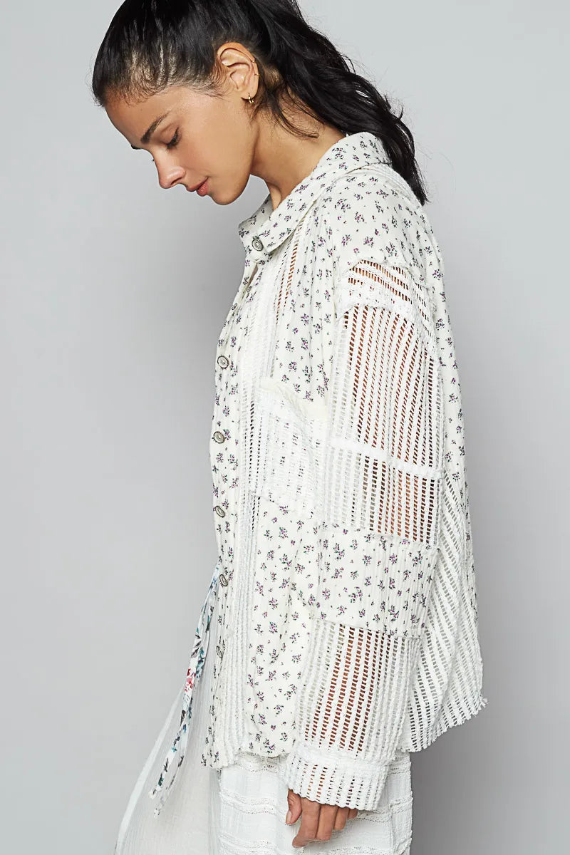 White Openwork Blouse - Boho Crochet Layering 7-11 POL Ship from USA