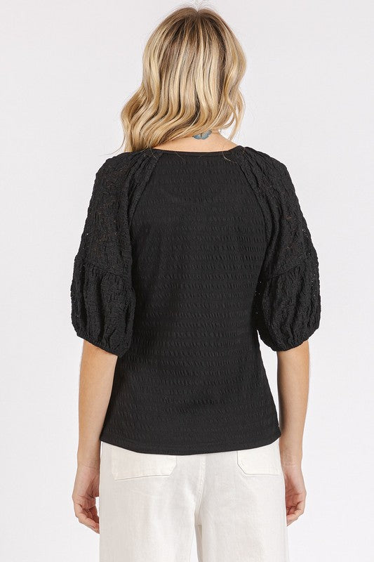 Black Textured Knit Popcorn Puff Sleeve Blouse- Mixed Media- Soft- Trendy Mittoshop Only Available for U.S. Residents Ship from USA sync-pinterest
