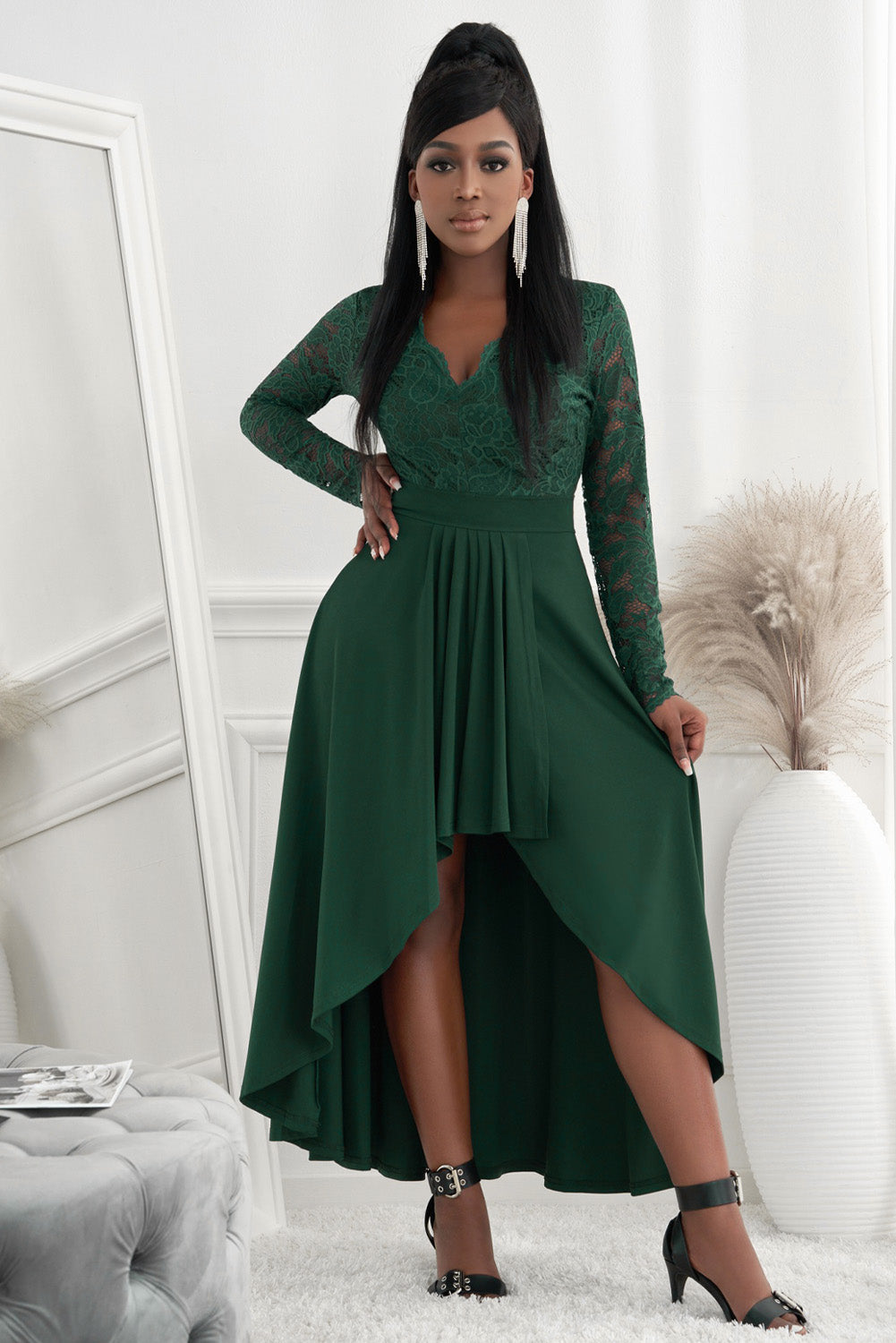 Classy V-Neck Lace High-Low Evening Dress with Long Sleeves Apparel & Accessories > Clothing > Dresses Ship From Overseas sync-pinterest SYNZ