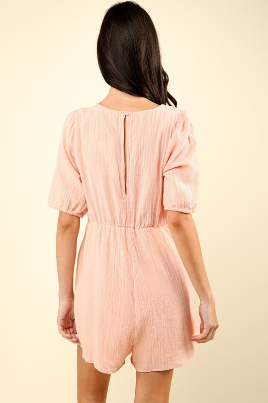 Blush Lace Romper - Pockets - Puff Sleeve - Short Sleeve Clothing & Accessories > Clothing > Jumpsuits & Rompers autopostr_pinterest_71178 autopostr_pinterest_71277 detail lace pockets puff romper sleeve