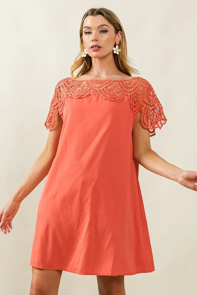 Dress - Wrinkled - Crochet Lace Yoke - Boho - Lightweight - Casual 5-2-usa BiBi Ship from USA