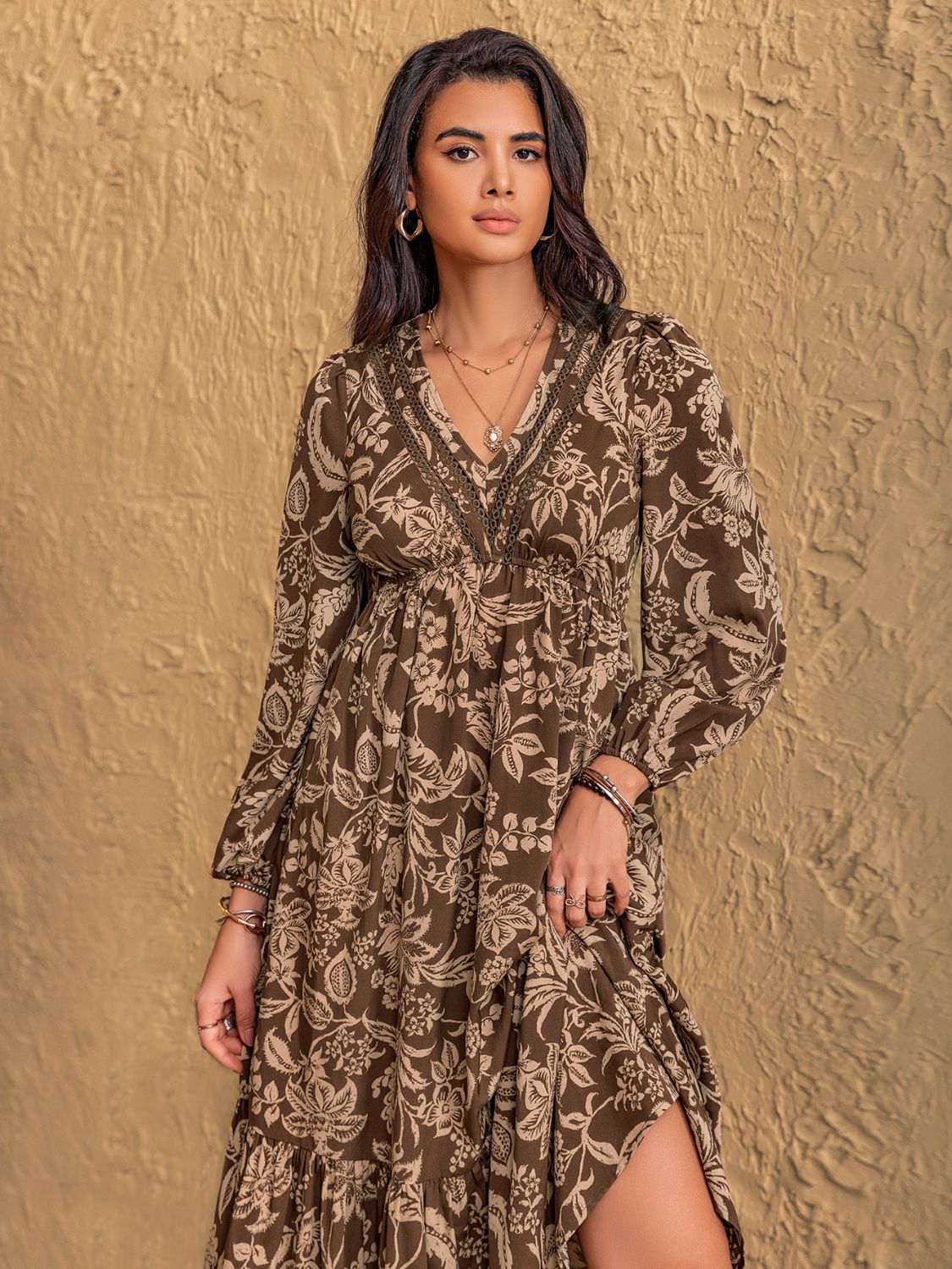 Midi Dress - Ruched Lace - Long Sleeves - Elegant Fit Apparel & Accessories > Clothing > Dresses Dress Long Long Sleeve Long Sleeve Midi Midi Midi Dress Neck Neck Long Neck Long Sleeve Print Printed Printed V Rustty Dustty Ship From Overseas Sleeve Sleeve Midi Sleeve Midi Dress sync-pinterest V