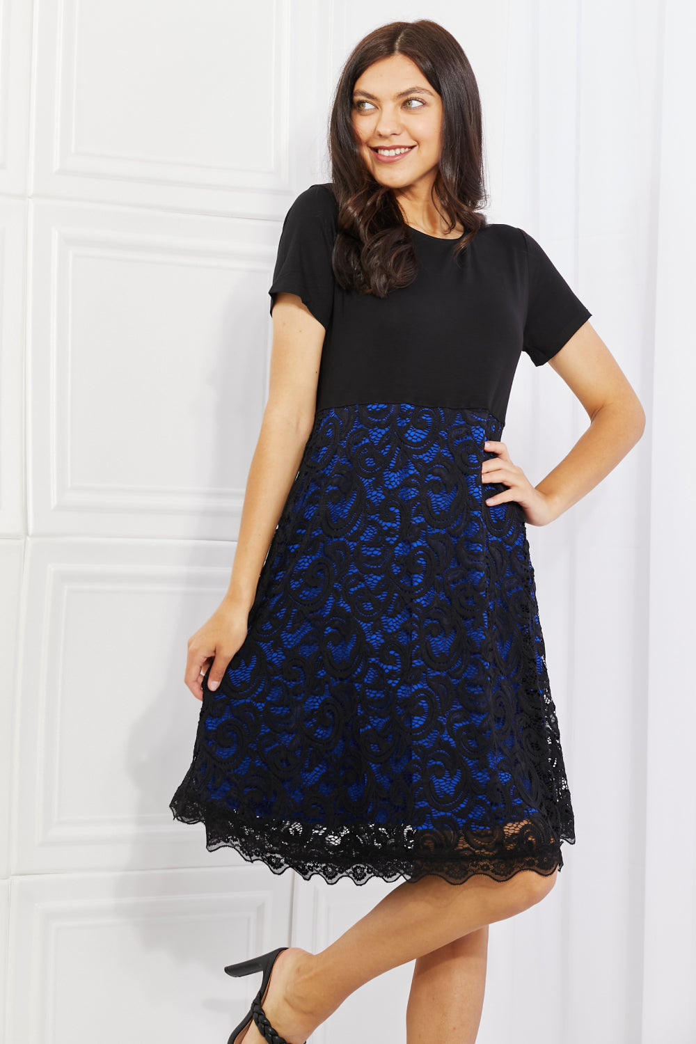 Dark Blue Lace Midi Dress - Short Sleeve Clothing & Accessories > Clothing > Dresses autopostr_pinterest_71901 contrasting dress full lace midi PinterestNew size yelete