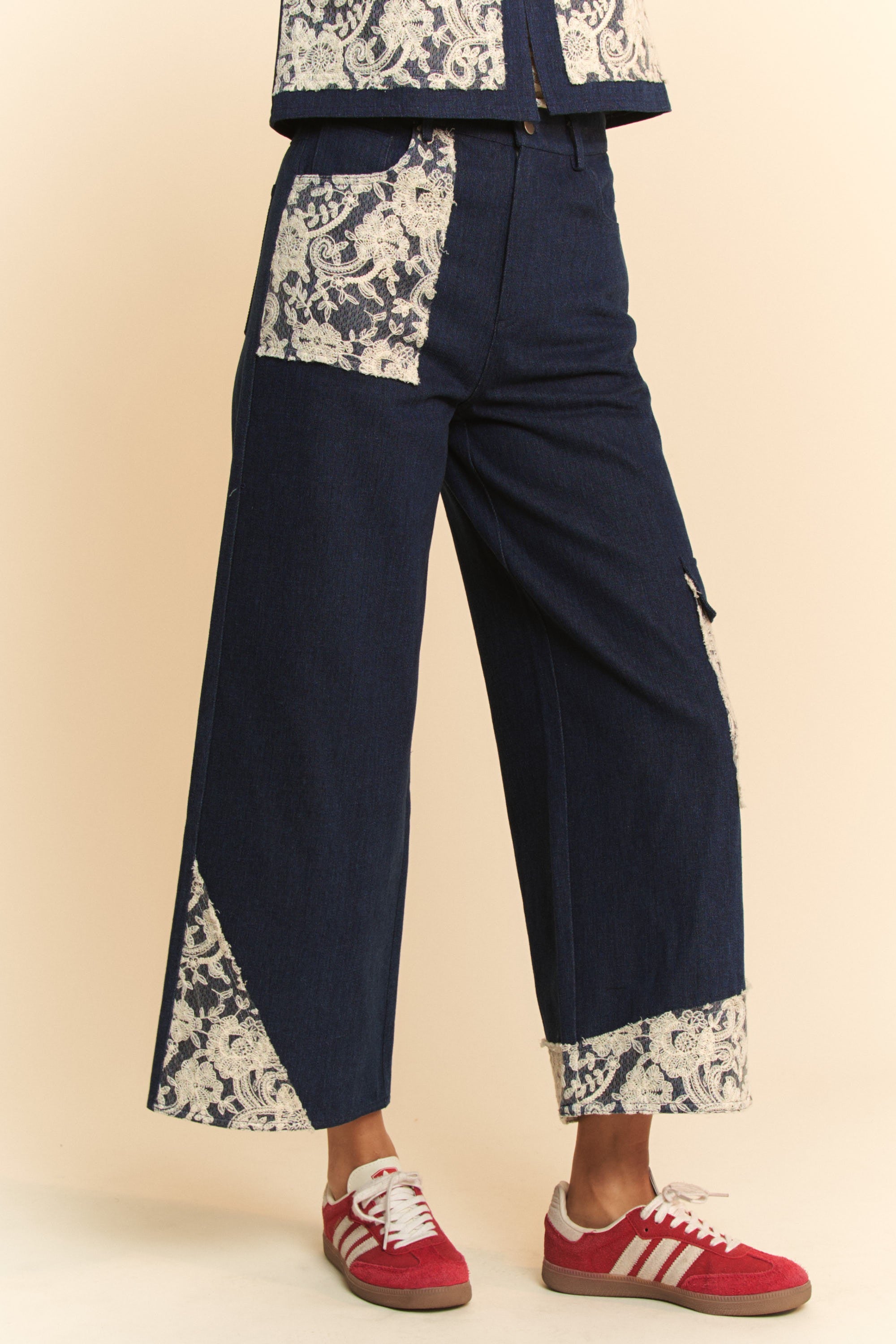 Wide Leg Cotton Denim Jeans with Lace Applique Detail Apparel & Accessories > Clothing > Pants Applique autopostr_pinterest_72819 Davi & Dani Lace Leg Only Available for U.S. Residents Ship from USA sync-pinterest Wide Wide Leg