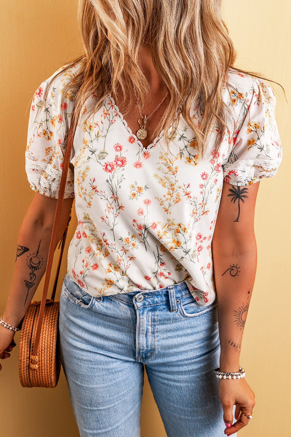 Beige Boho Short Sleeve Blouse