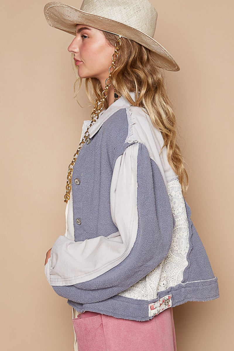 Denim Blue Button up Jacket - Exposed Seam - Lace Patch Clothing & Accessories > Clothing > Outerwear > Jackets autopostr_pinterest_71901 button crochet exposed jacket patch PinterestNew pol seam