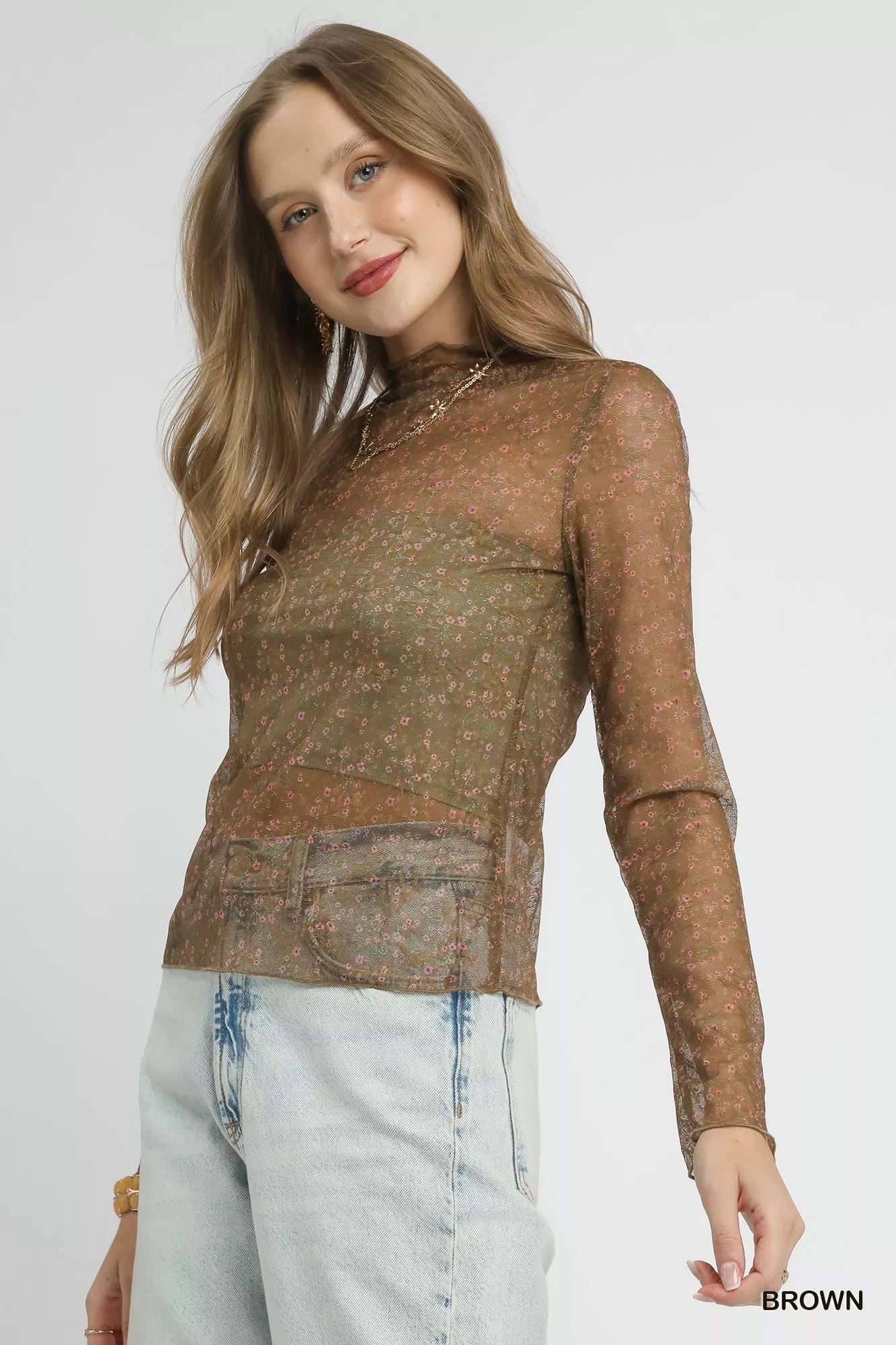 Women’s Nylon Lace Mesh Long Sleeve Sheer Top 9-7 Ship from USA Umgee USA