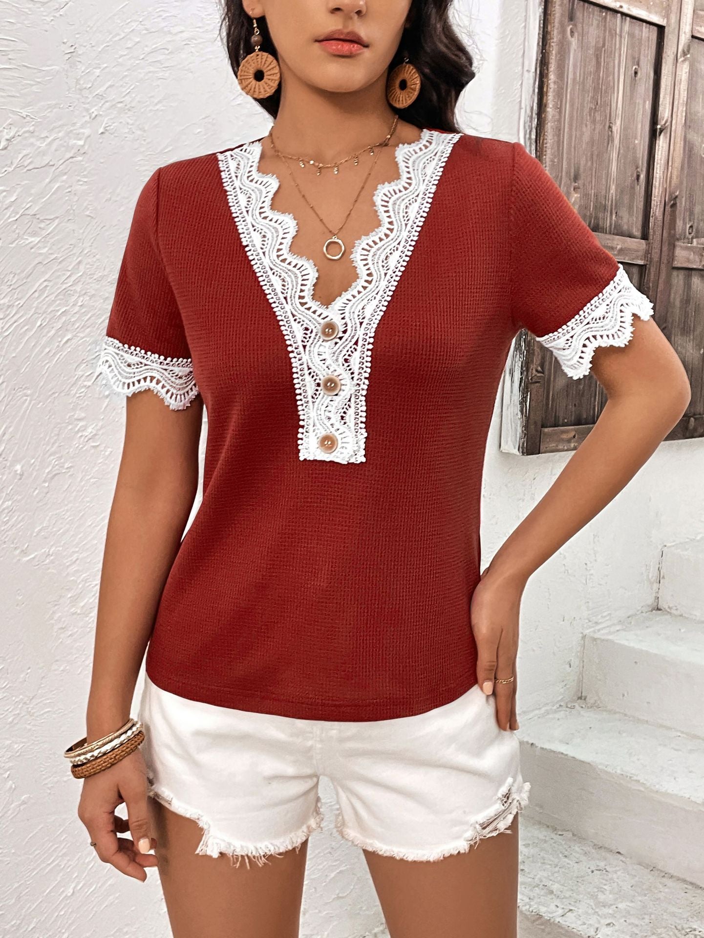 Chic Solid Lace V-Neck Short Sleeve Top in Stretchy Polyester Apparel & Accessories > Clothing > Tops Button Decorative Decorative Button Ivy Ivy Lane Lace Lace Short Lace Short Sleeve Lane Ship From Overseas Short Short Sleeve Short Sleeve Top Sleeve Sleeve T Sleeve Top Spliced Spliced Lace sync-pinterest T Top V Y&BL