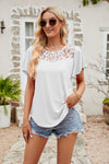 White Lace Blouse - Flutter Sleeve - Round Neck - Casual Top - Solid Color Apparel & Accessories > Clothing > Tops Flutter Flutter Sleeve Lace Lamy Ship From Overseas Sleeve Sleeve T Sleeve Top Spliced Spliced Lace sync-pinterest T Top V