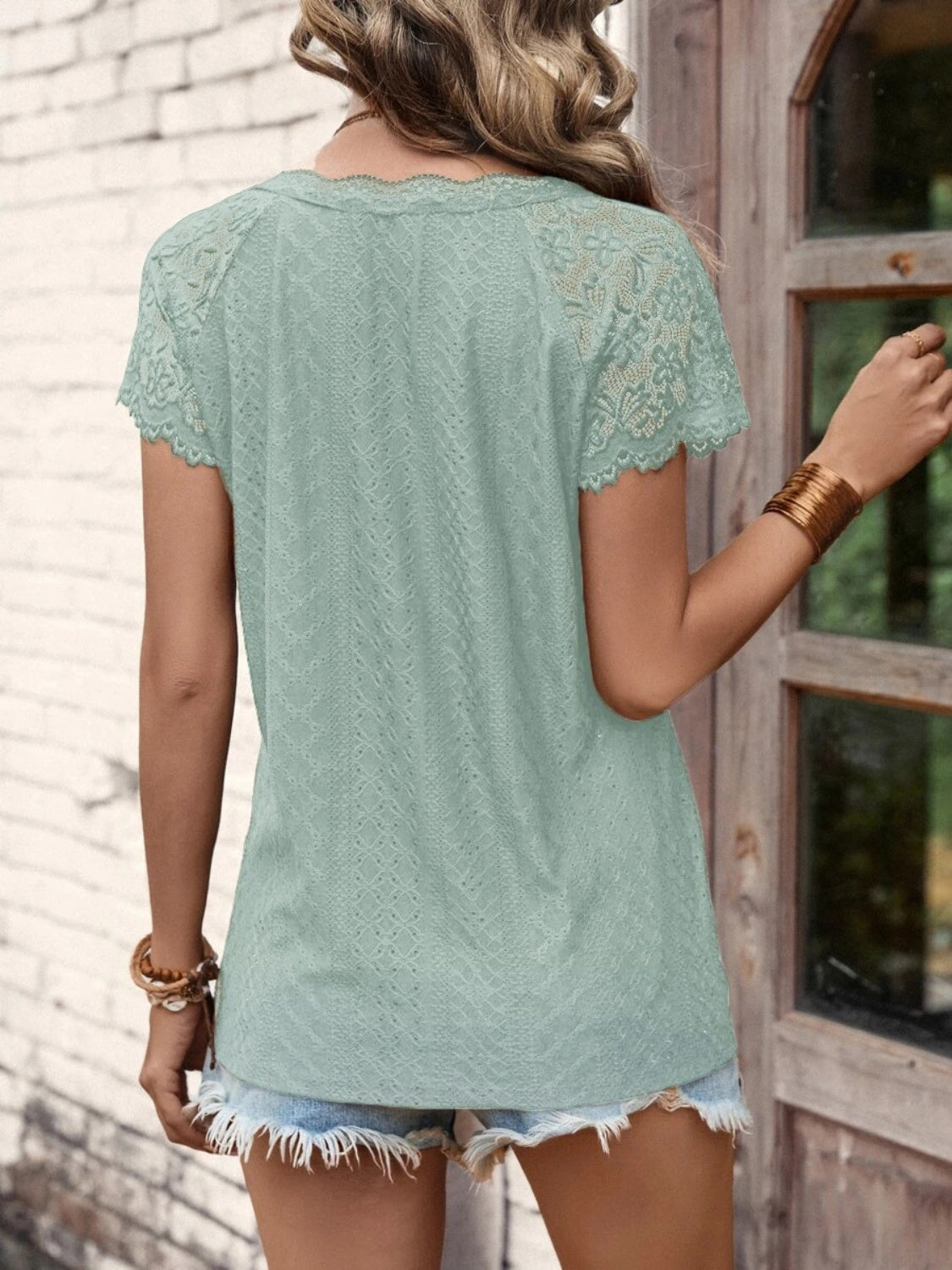 Semi-Sheer Lace Top with Slight Stretch Apparel & Accessories > Clothing > Tops Axelle Detail Detail V Lace Lace Detail Neck Neck Short Neck Short Sleeve Ship From Overseas Shirt Short Short Sleeve Sleeve Sleeve T sync-pinterest V