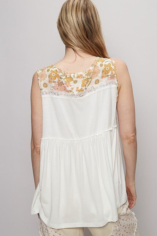 Lace Detail Top - Frill Floral V-Neck - Sleeveless POL Ship from USA