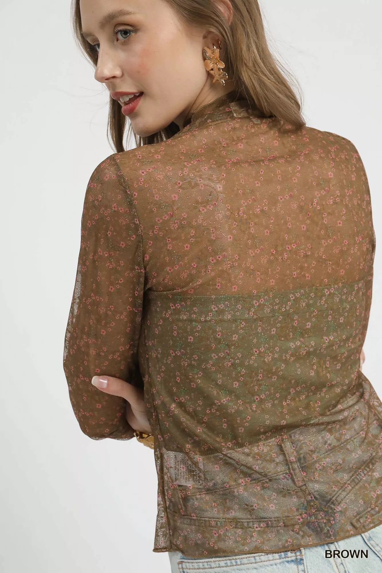 Women’s Nylon Lace Mesh Long Sleeve Sheer Top 9-7 Ship from USA Umgee USA