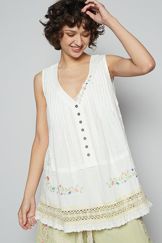 White Embroidered Lace Detail Top - V-Neck Sleeveless Top POL Ship from USA