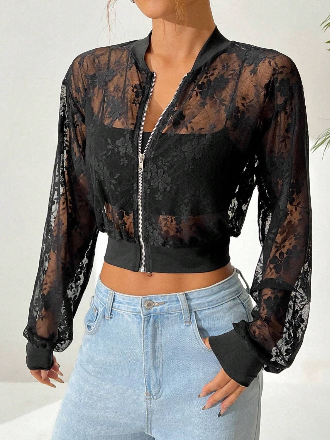 Black Lace Blouse - Zip Back - Elegant Fit - Polyester Apparel & Accessories > Clothing > Outerwear > Jackets & Coats Baseball Baseball Collar Baseball Collar Zip Collar Collar Zip Collar Zip Up Jacket Lace Ship From Overseas sync-pinterest T Up WXFS Zip Zip Up