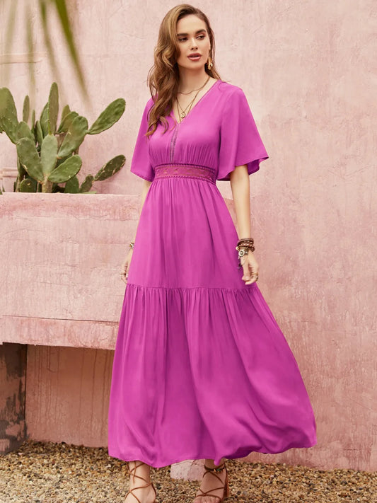 Red-Violet Lace Detail V-Neck Short Sleeve Midi Dress 4-23-overseas Rusttydustty Ship From Overseas
