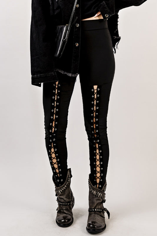 Black Casual Pants - Lace-Up - Solid - Long - Slight Stretch Apparel & Accessories > Clothing > Pants Lace Lace Up Leg Ship From Overseas sync-pinterest SYNZ T Up