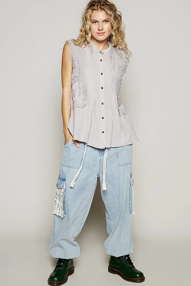 Lace Embroidered Gray Blouse - Boho Chic Cotton 7-11 POL Ship from USA