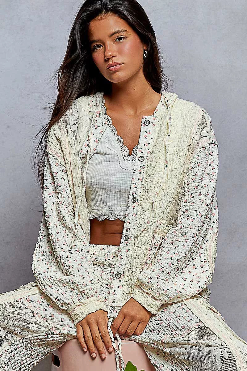 Women’s Floral Lace Hooded Balloon Sleeve Jacket 10-31 POL Ship from USA