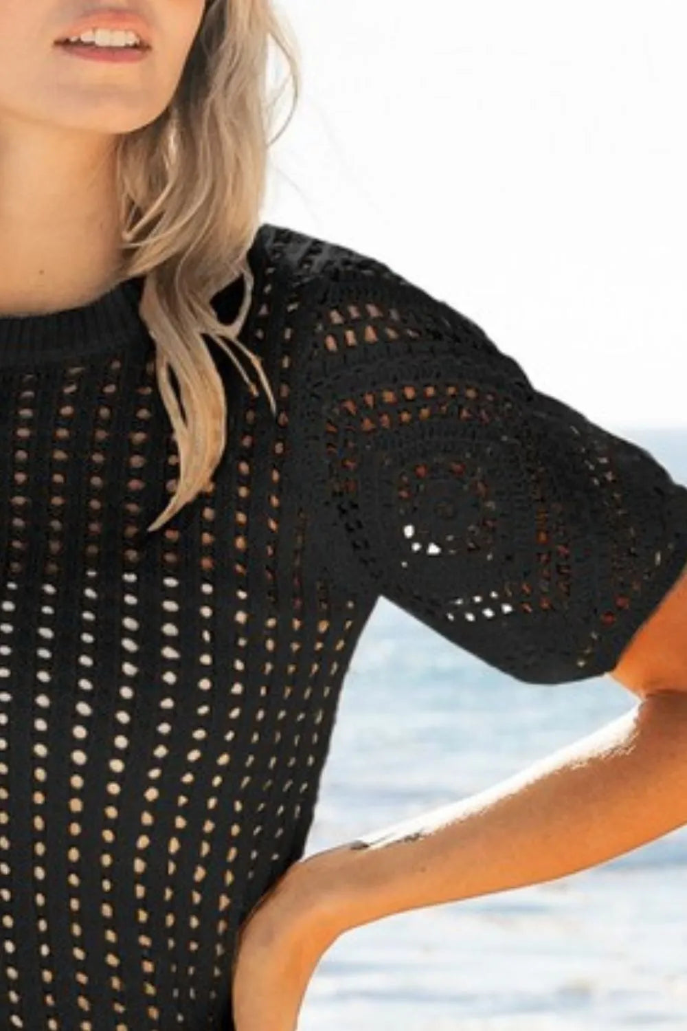 Black Crochet Lace Top - Elegant Vintage Charm 7-6 BiBi Ship from USA